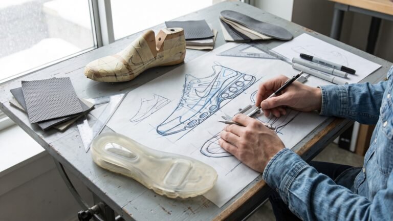 Footwear designer sketching a technical sneaker blueprint next to a shoe last and clear sole prototype on a drafting desk