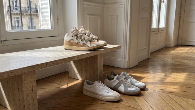 French luxury sneakers displayed on a stone bench and herringbone wood floor in a sunlit Parisian room