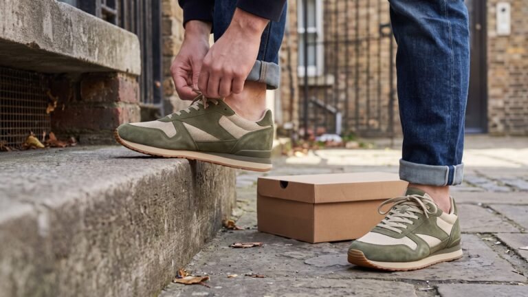 Person tying green suede and beige mesh lifestyle sneakers on outdoor stone steps beside a shoebox