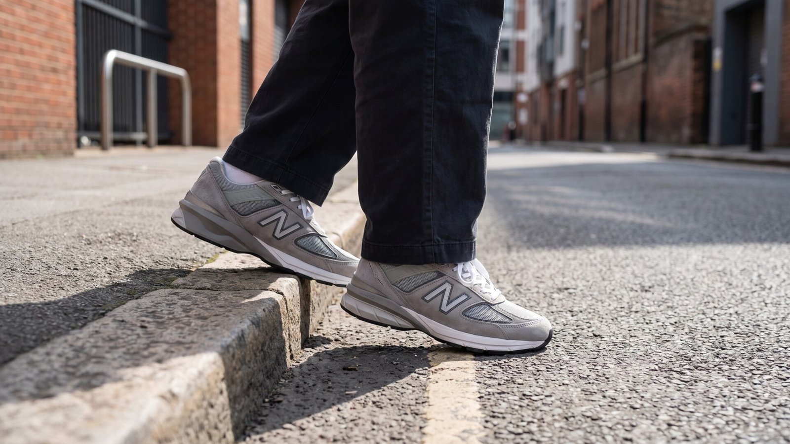 Person wearing grey New Balance sneakers stepping up onto a concrete sidewalk curb on a city street