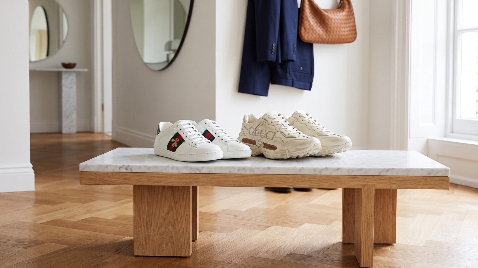 Gucci Ace embroidered bee sneakers and chunky Rhyton sneakers resting on a marble entryway bench