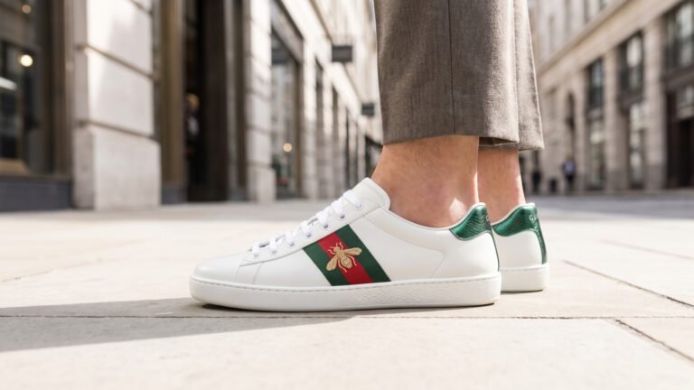 White Gucci Ace leather sneakers with signature bee embroidery and web stripe worn on a city sidewalk