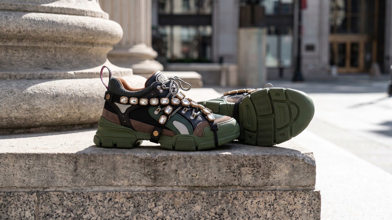 Gucci Flashtrek hiking sneakers with crystal straps sitting on a stone ledge outdoors