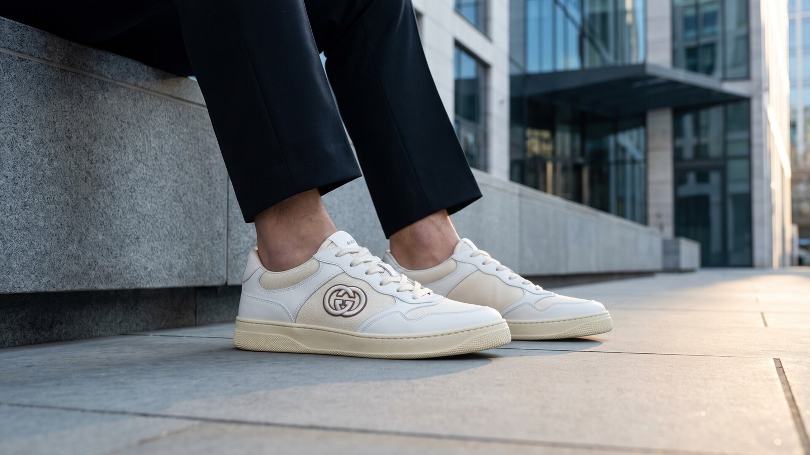 White Gucci Mac 80 low-top sneakers with embroidered interlocking G logo worn with black trousers