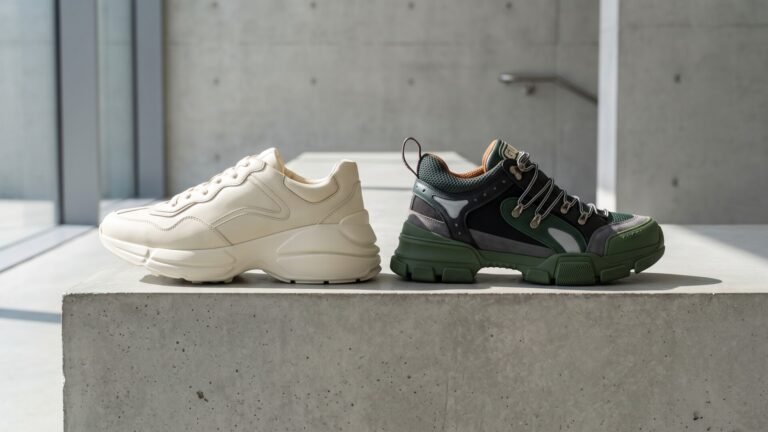 Side-by-side comparison of an off-white Gucci Rhyton sneaker and a green Gucci Flashtrek hiking sneaker on concrete