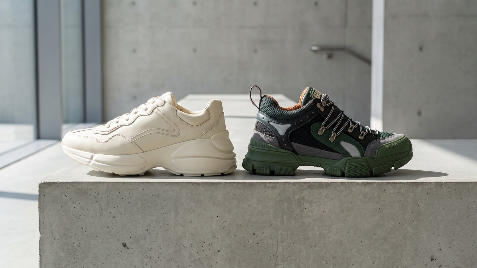 Side-by-side comparison of an off-white Gucci Rhyton sneaker and a green Gucci Flashtrek hiking sneaker on concrete