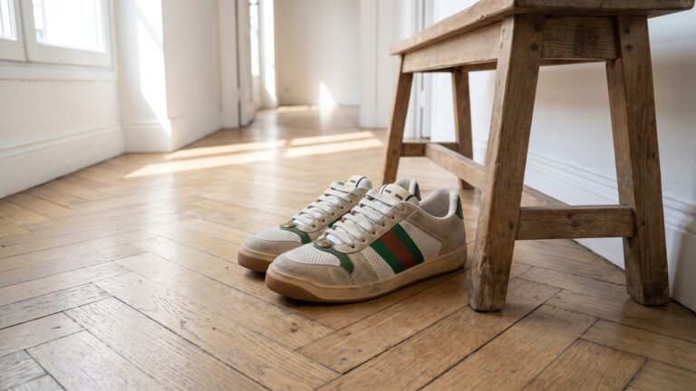 Gucci Screener sneakers resting on a natural oak parquet floor beside a rustic wooden bench
