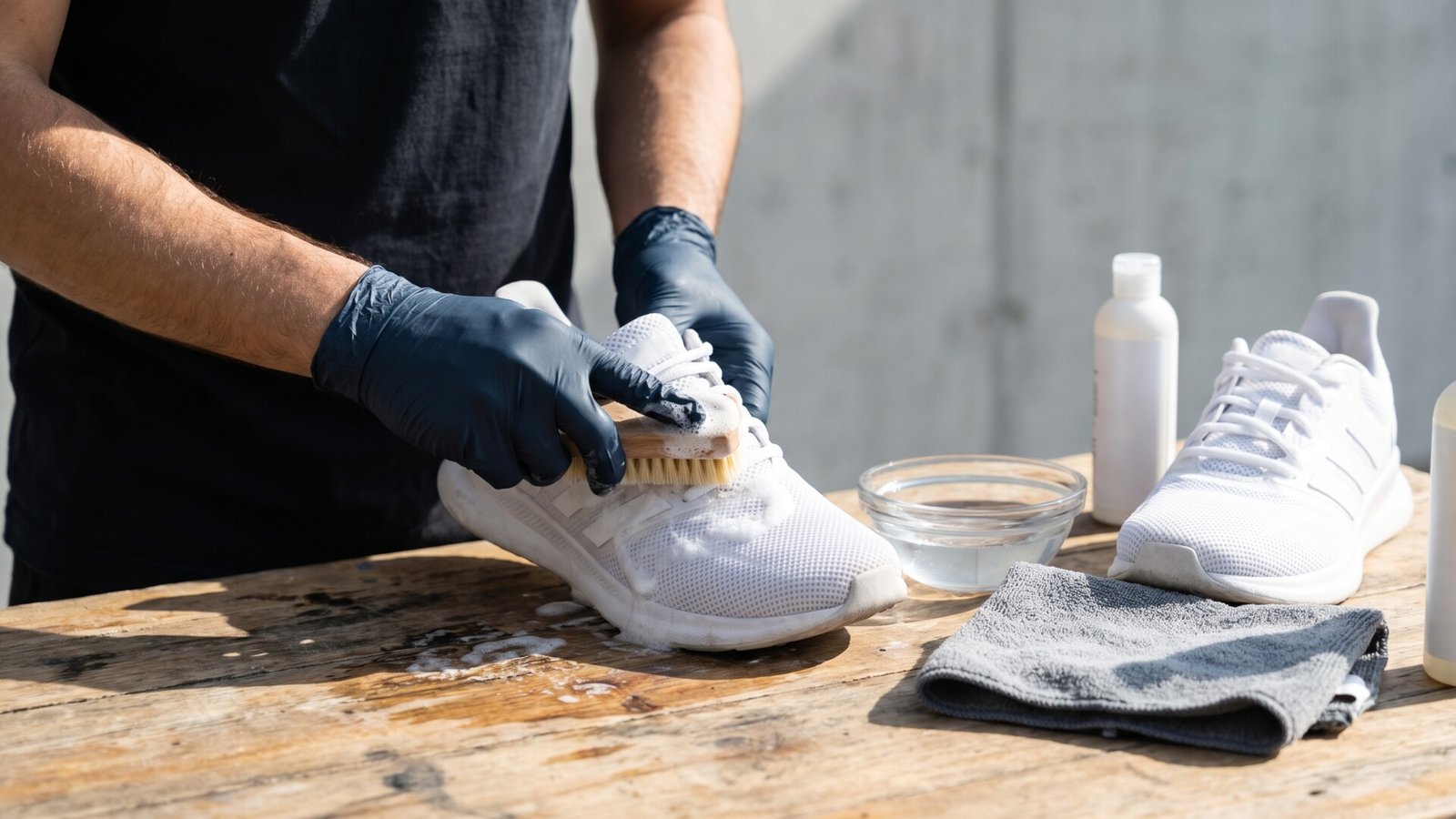 Person in black gloves scrubbing a white mesh sneaker with a foamy brush on a wooden table