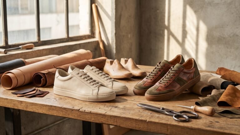 Handcrafted Italian leather sneakers on a cobbler workbench alongside wooden lasts, leather rolls, and tools