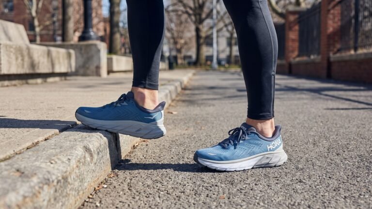 Runner wearing blue Hoka Arahi 6 stability shoes stepping onto a curb along a paved sidewalk