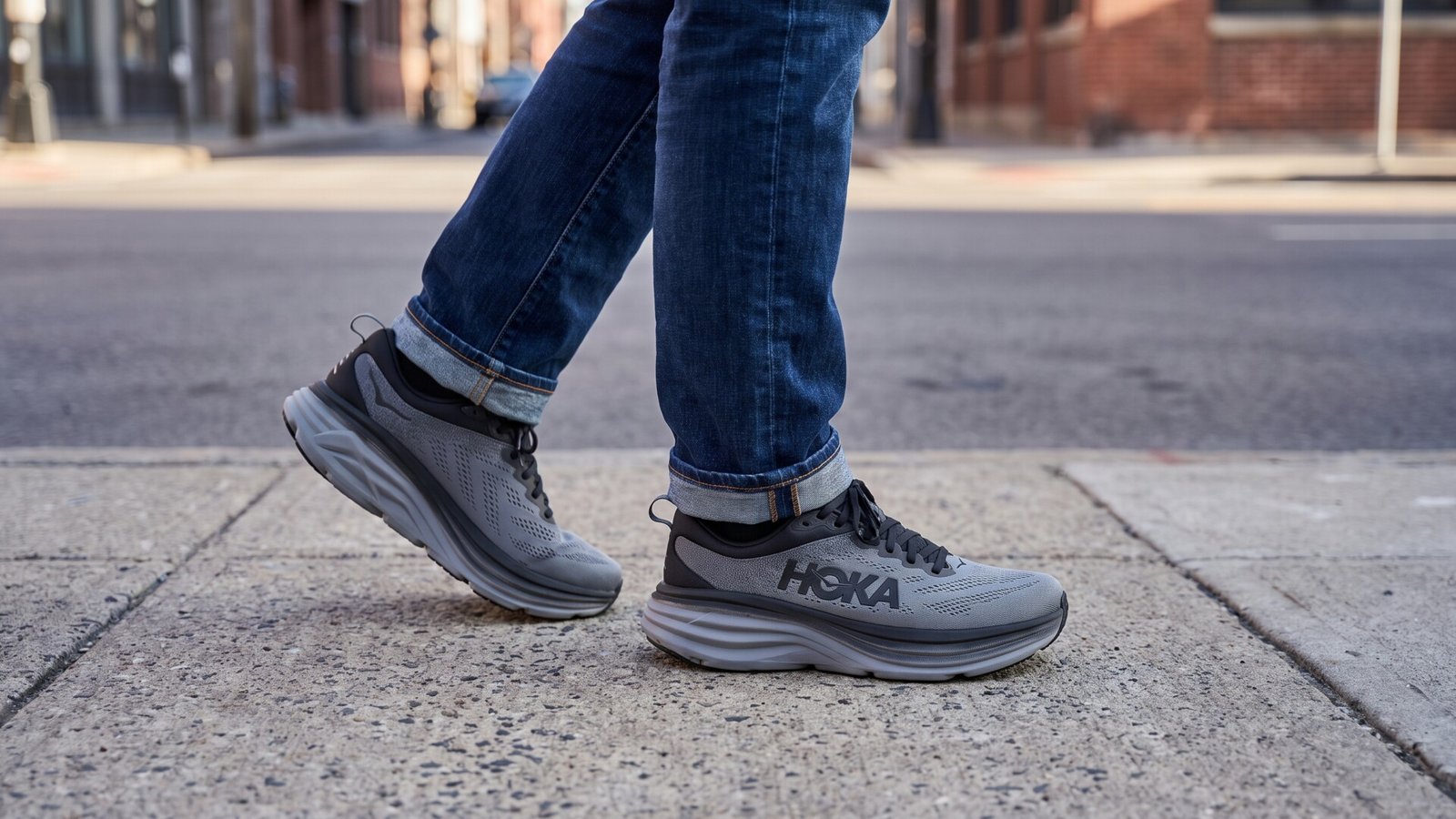 Grey Hoka Bondi 8 sneakers paired with cuffed blue jeans walking on an urban concrete sidewalk