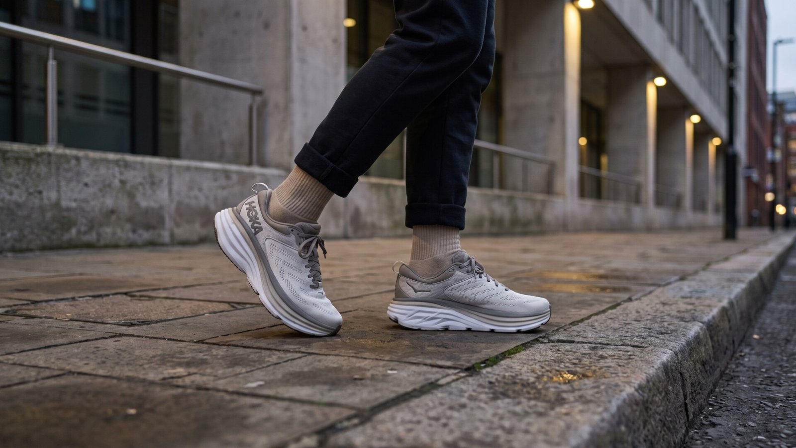 Person walking along a city sidewalk wearing light grey Hoka Bondi running shoes with thick cushioned soles