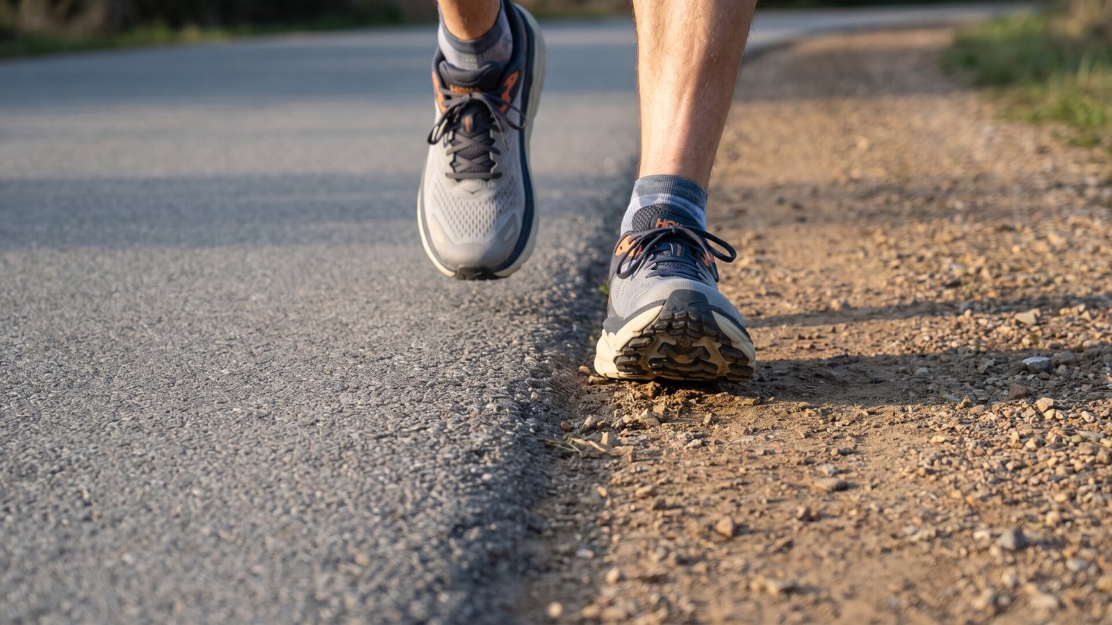 Runner wearing Hoka Challenger shoes stepping between asphalt road and a dirt path