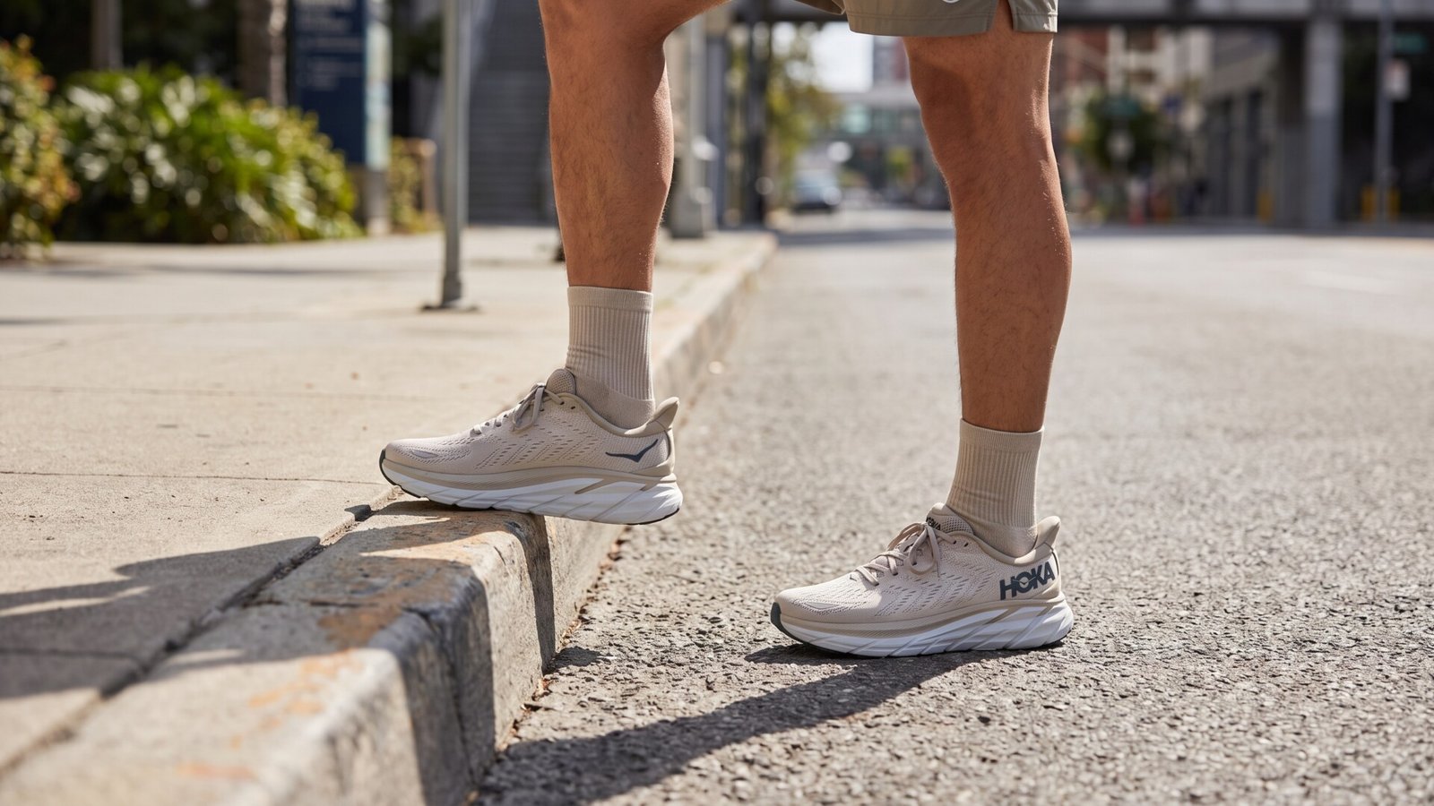 Runner wearing neutral Hoka Clifton 9 shoes paused at a sidewalk curb on a city street