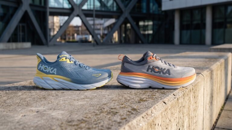 Profile view of Hoka Clifton 9 and Bondi 8 running shoes sitting side by side on a concrete ledge