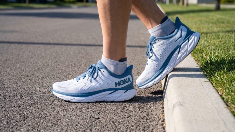 Runner wearing light blue and white Hoka Clifton running shoes on an asphalt road next to a curb