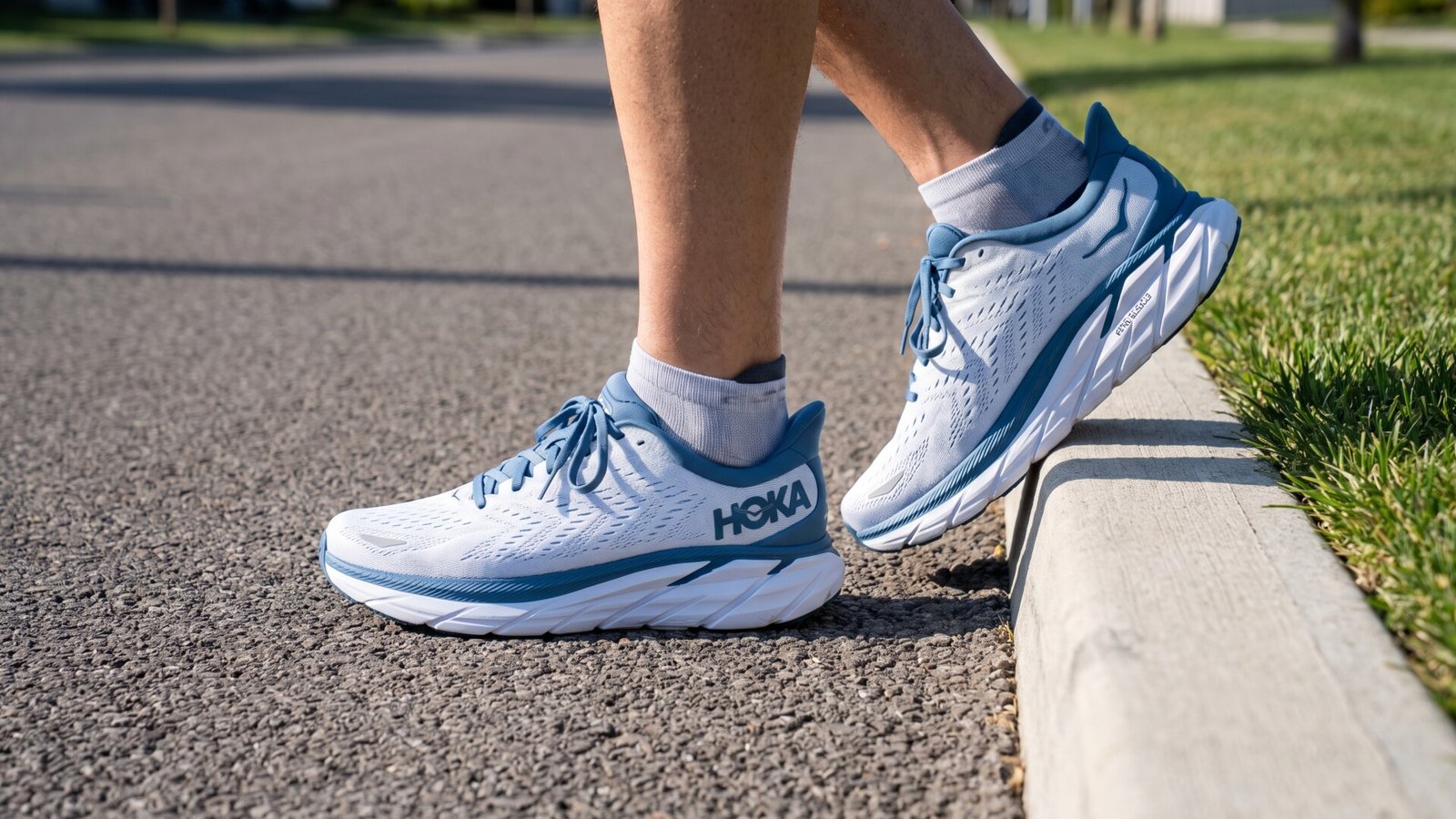 Runner wearing light blue and white Hoka Clifton running shoes on an asphalt road next to a curb