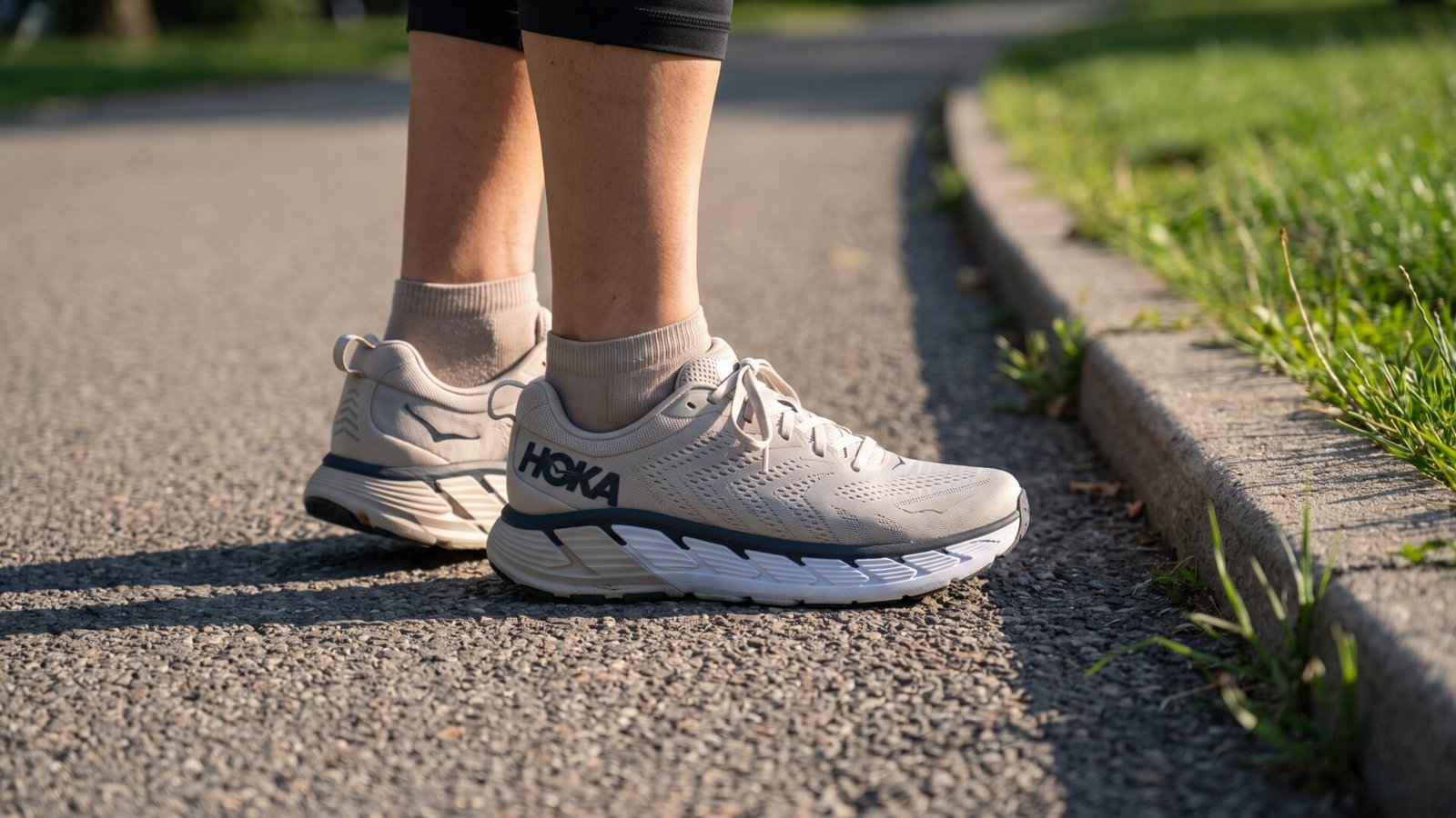 Side view of beige Hoka Gaviota running shoes worn by a runner on an asphalt path