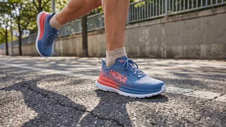 Runner mid-stride wearing blue and coral Hoka Mach running shoes on an asphalt street