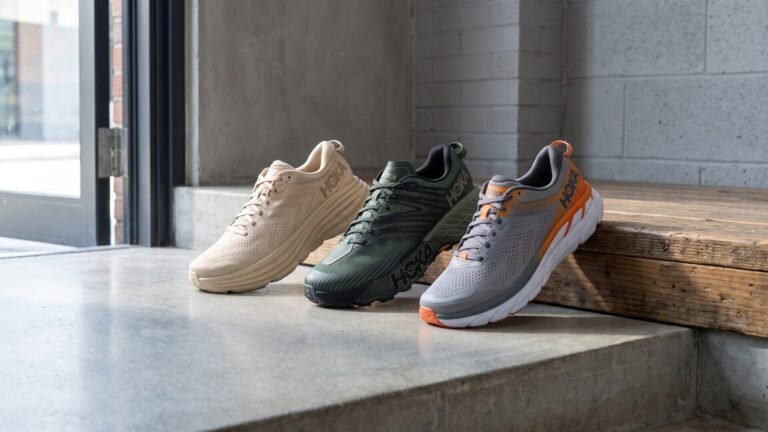 Three distinct Hoka sneakers in beige, olive green, and grey-orange displayed on a concrete step