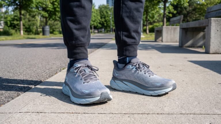 Runner wearing cushioned grey and light blue Hoka sneakers on a paved park path
