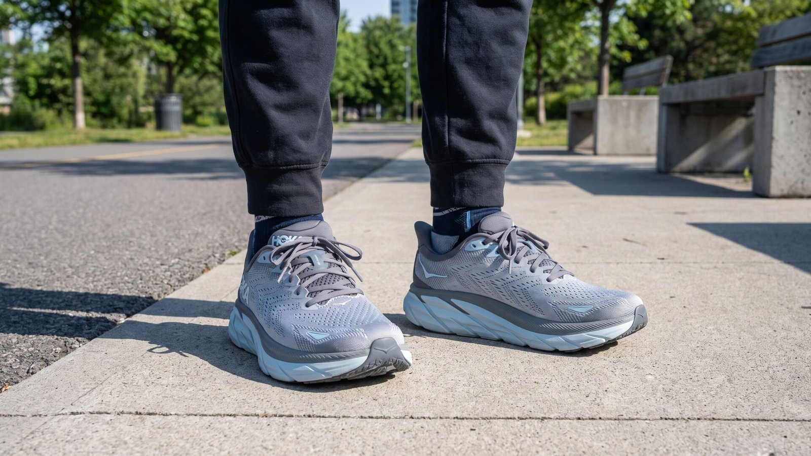 Runner wearing cushioned grey and light blue Hoka sneakers on a paved park path