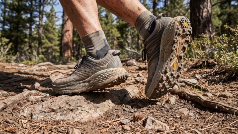 Runner wearing Hoka Speedgoat trail shoes navigating a rocky and root-strewn forest path