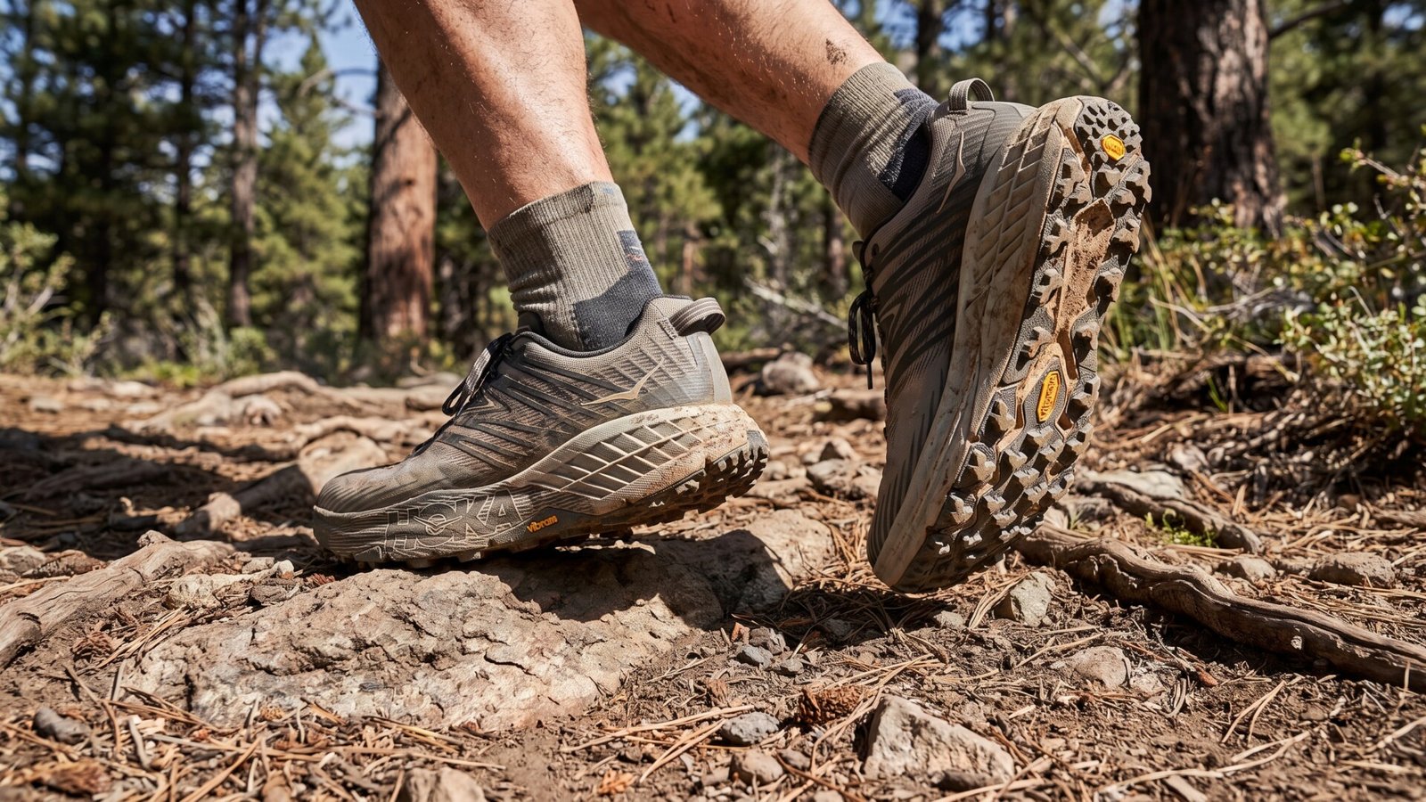 Runner wearing Hoka Speedgoat trail shoes navigating a rocky and root-strewn forest path