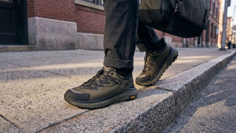 Close-up of olive green Hoka Transport sneakers worn by a commuter stepping along a stone city sidewalk