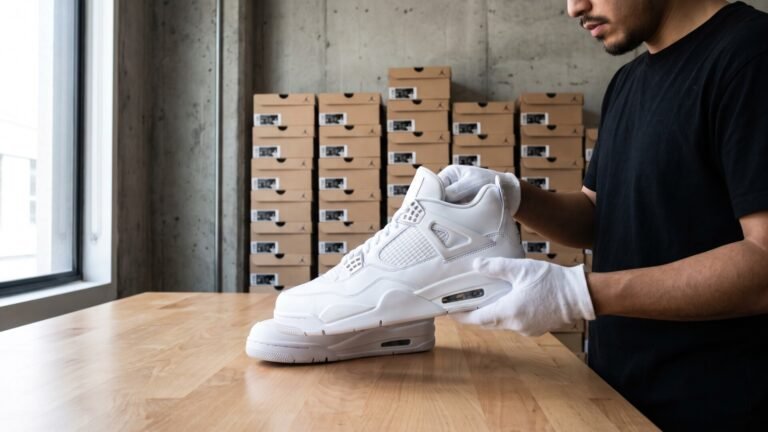 Sneaker reseller wearing white gloves inspecting a pristine all-white Jordan 4 sneaker in front of inventory boxes
