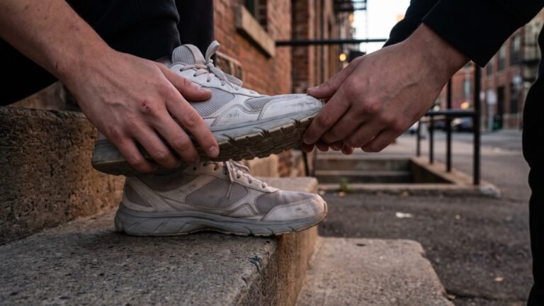 Hands checking the flexible rubber outsole and worn upper of a casual sneaker outdoors on concrete steps