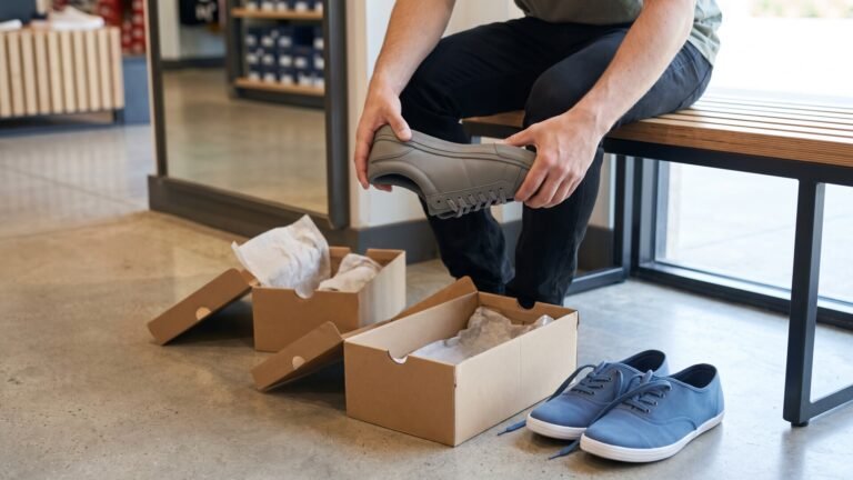 Shopper testing the sole flexibility and build quality of a grey sneaker in a footwear store