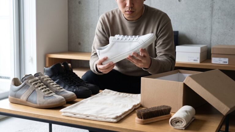 A man carefully inspecting a white leather luxury sneaker alongside shoe care accessories and designer footwear
