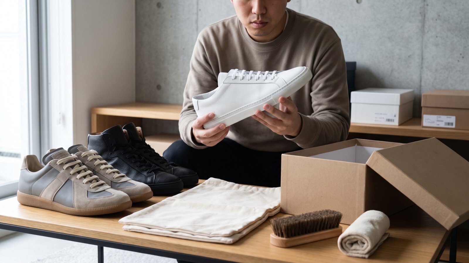 A man carefully inspecting a white leather luxury sneaker alongside shoe care accessories and designer footwear