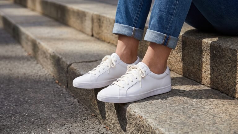 Classic white leather Keds Center III sneakers worn with cuffed blue jeans on outdoor stone steps