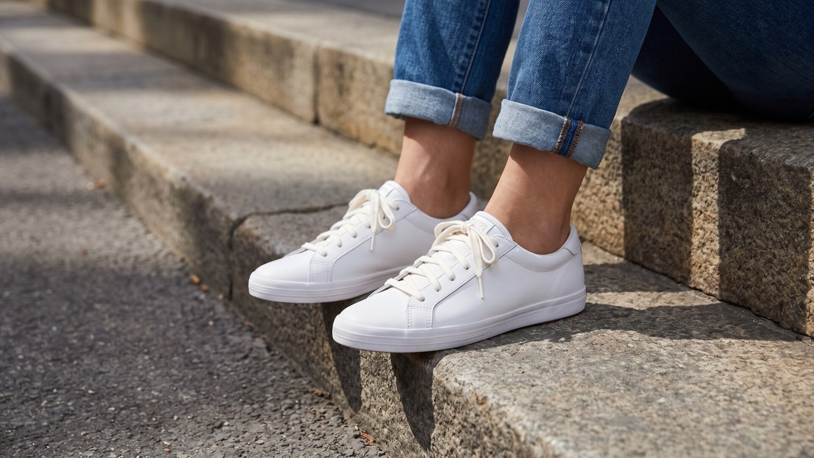 Classic white leather Keds Center III sneakers worn with cuffed blue jeans on outdoor stone steps