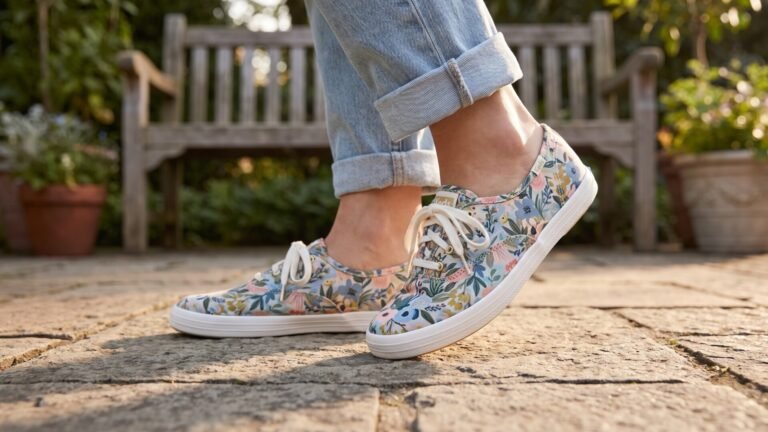 Keds x Rifle Paper Co. floral print canvas sneakers styled with cuffed jeans on a stone patio