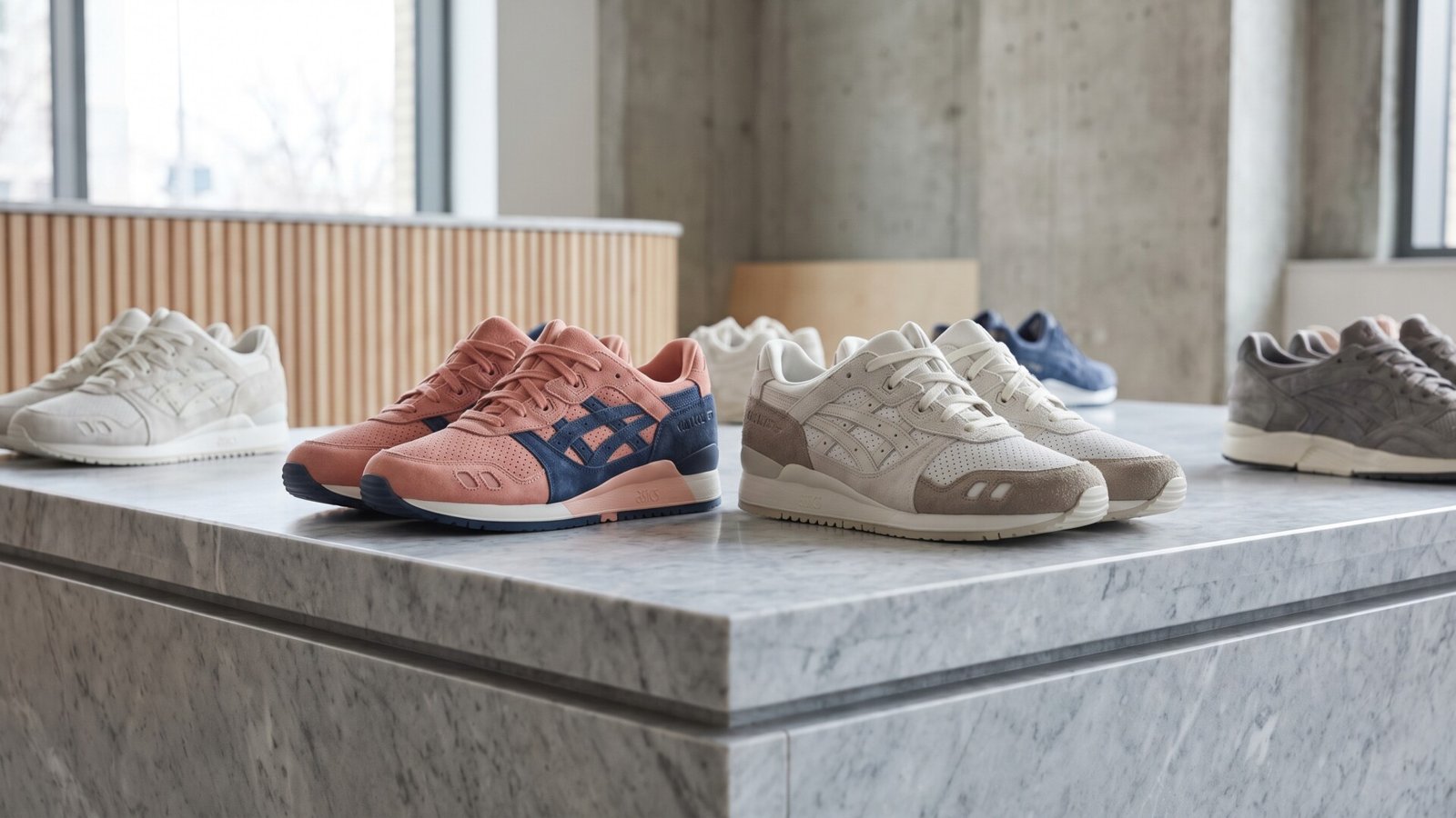 Curated collection of Kith Asics Gel-Lyte III collaborative suede sneakers on a marble display counter