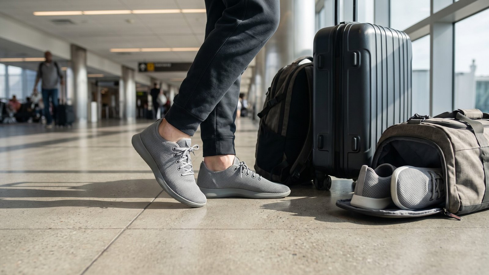 Traveler wearing grey lightweight mesh sneakers standing next to luggage in an airport terminal