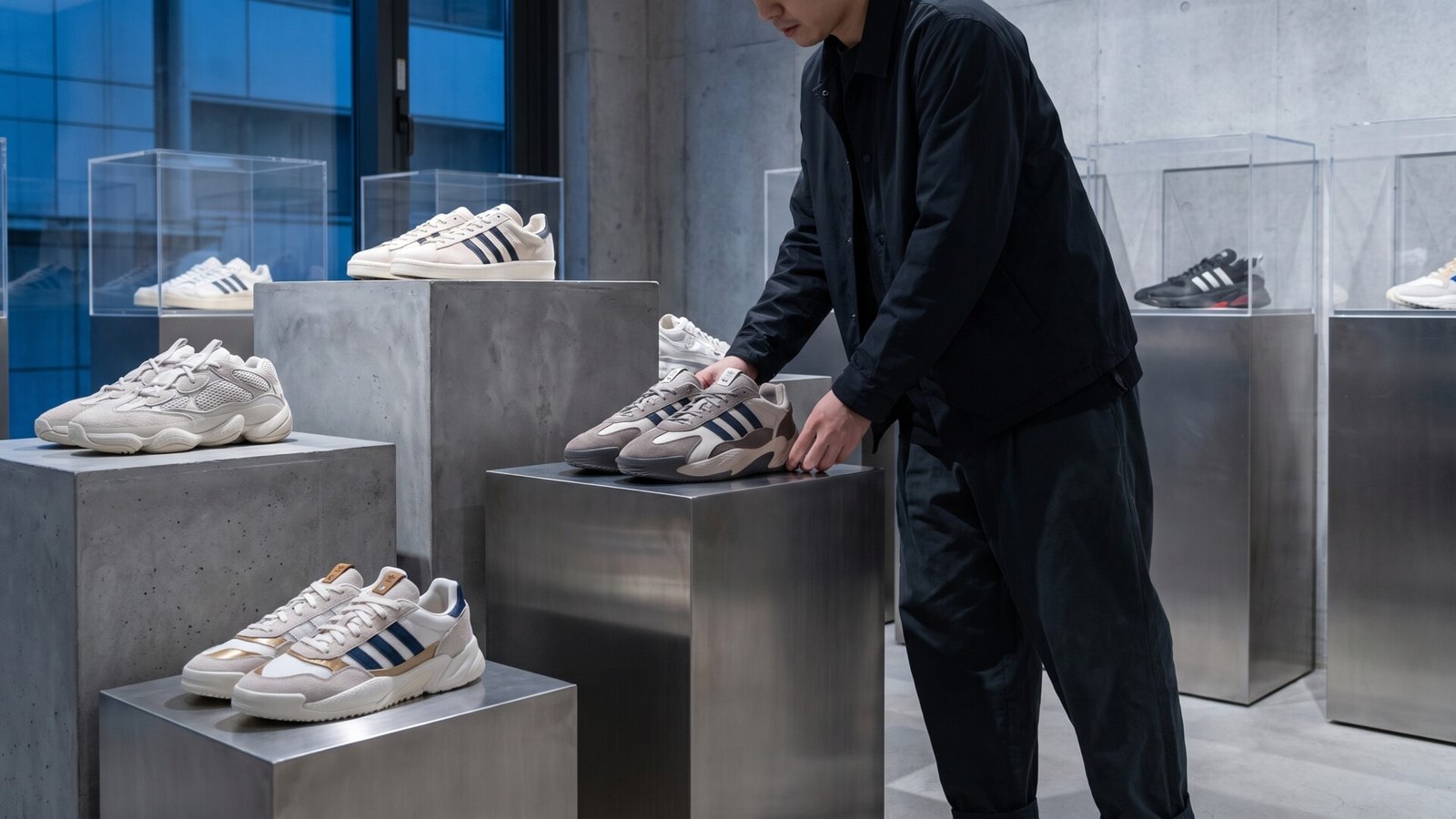 Person arranging rare Adidas collaboration sneakers on pedestals in a modern minimalist showroom
