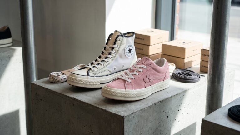 Limited edition high-top Chuck Taylor and pink suede Golf le Fleur Converse sneakers displayed on a concrete block