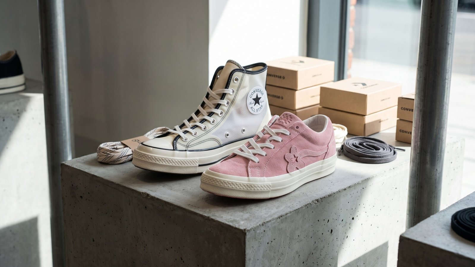 Limited edition high-top Chuck Taylor and pink suede Golf le Fleur Converse sneakers displayed on a concrete block