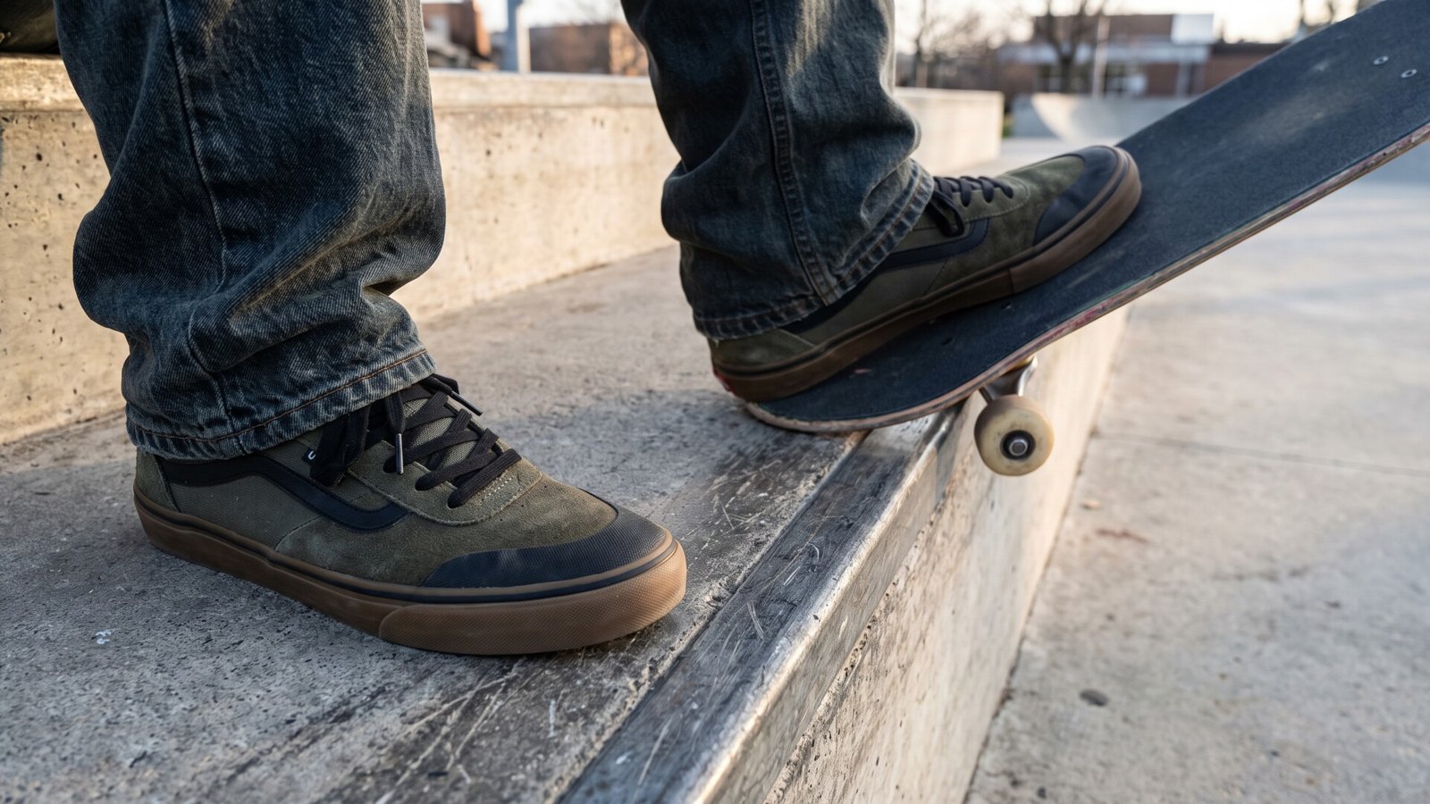 Skater in olive green suede skate sneakers with gum soles resting on a skateboard atop a concrete ledge
