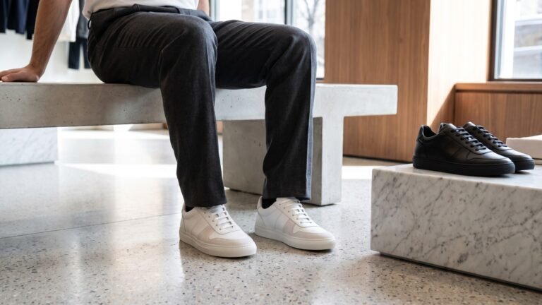 Man wearing minimalist white luxury leather sneakers paired with tailored trousers in a designer boutique