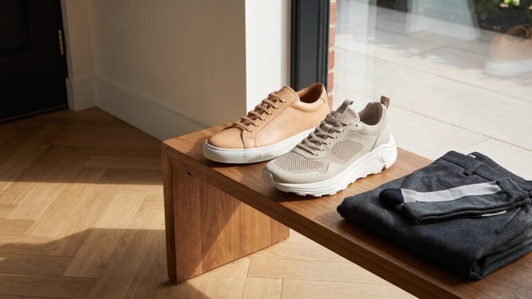 Tan leather luxury sneaker beside a technical knit athletic shoe on a wooden entryway bench