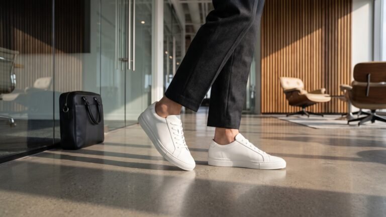 Minimalist white leather sneakers paired with cropped tailored trousers in a modern corporate office hallway