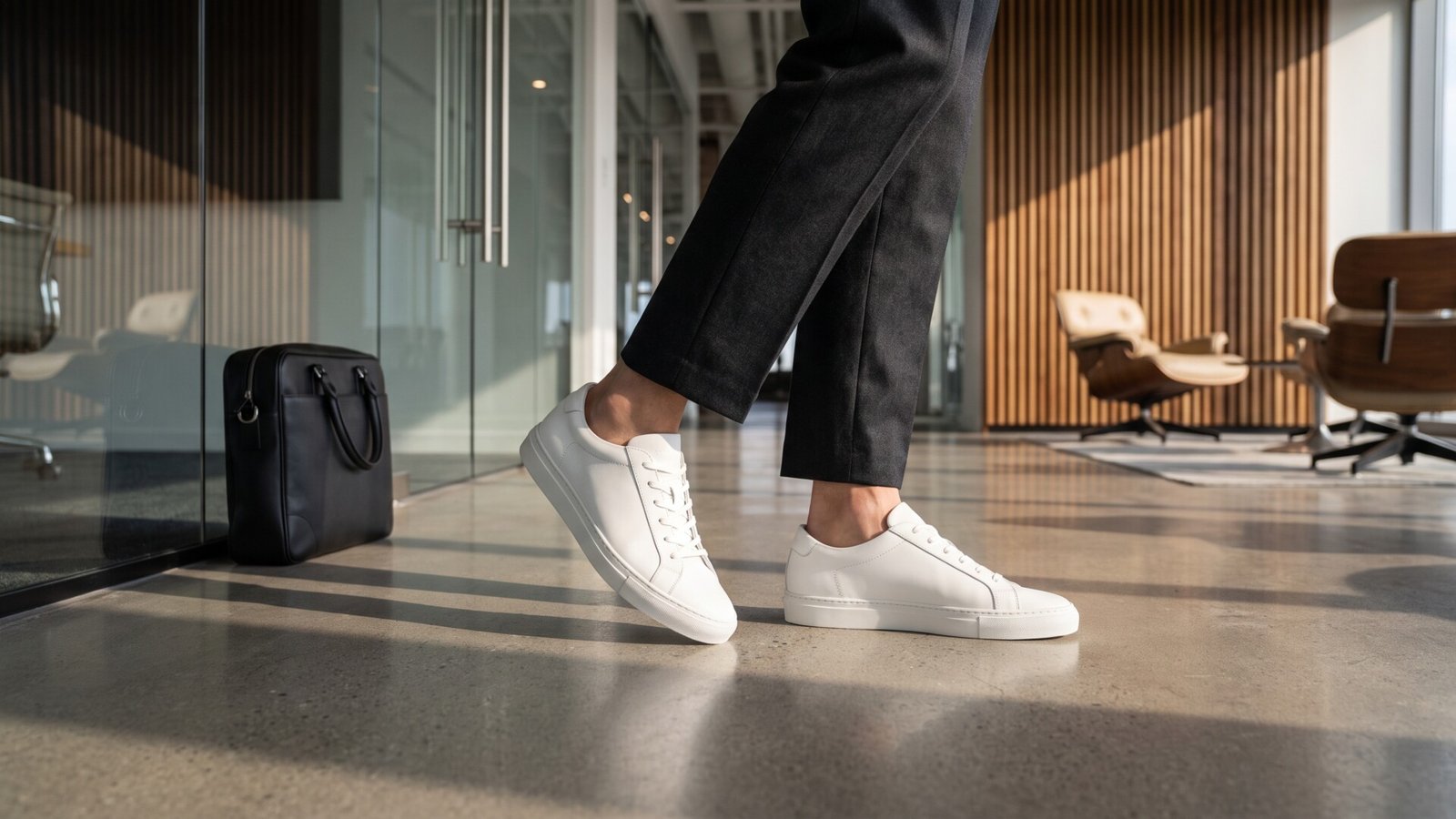 Minimalist white leather sneakers paired with cropped tailored trousers in a modern corporate office hallway