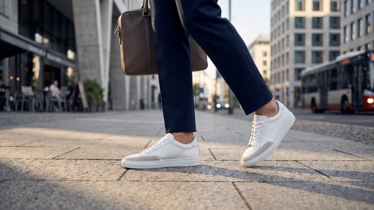 Person walking on a city sidewalk wearing clean white minimalist luxury leather low-top sneakers