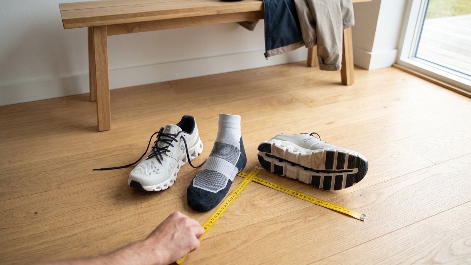 Person measuring their socked foot with a yellow tape measure next to On Cloud running sneakers on a wooden floor