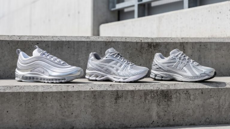 Three metallic silver sneakers from Nike, ASICS, and New Balance arranged in a row on concrete stairs